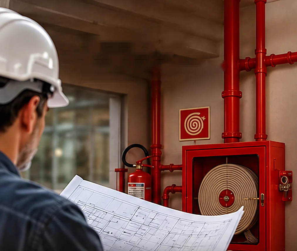 Engenheiro de segurança com capacete analisando projeto de combate a incêndio diante de hidrante, mangueira e extintor em edificação de Bastos