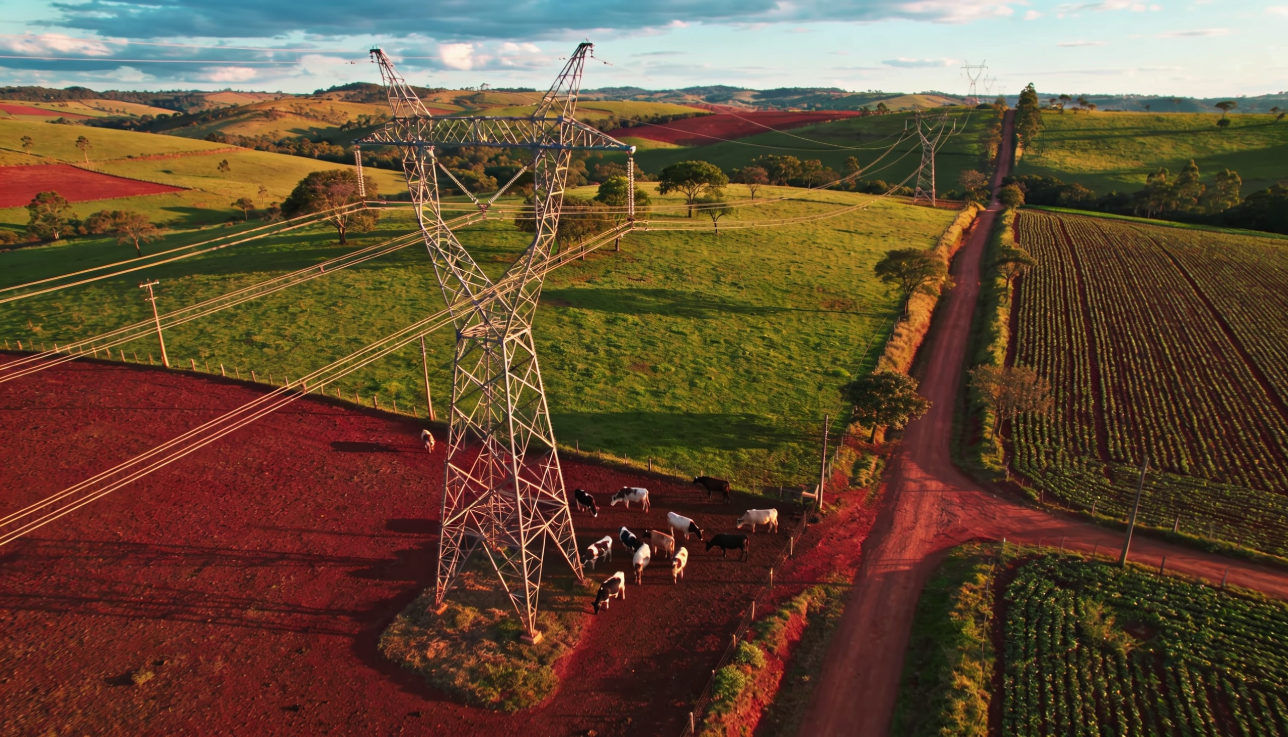 Torre de linha de transmissão de alta tensão atravessando propriedade rural brasileira com solo vermelho, pastagens e lavouras ao fundo